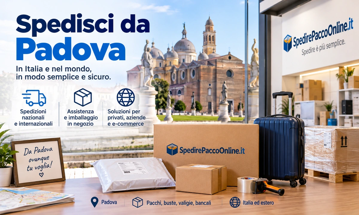 Come spedire un pacco da Padova: pacchi, busta, valigia e bancale nel negozio SpedirePaccoOnline.it con Prato della Valle sullo sfondo