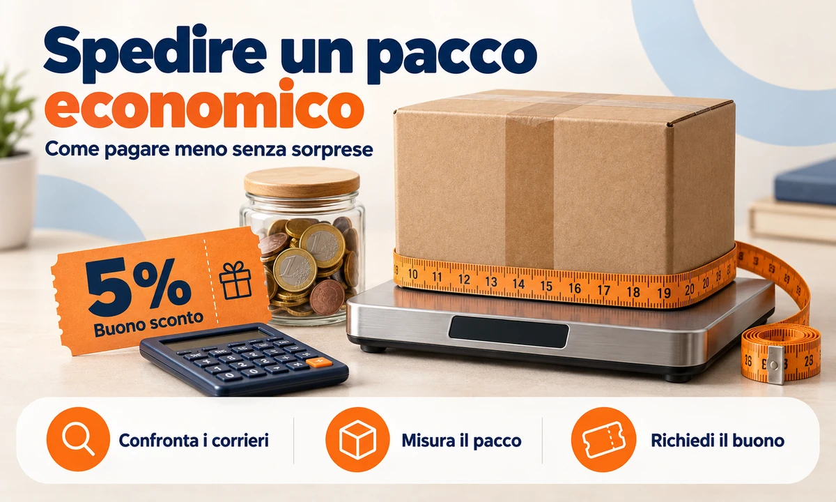 Spedire un pacco economico con SpedirePaccoOnline.it: confronta i corrieri, misura il pacco e richiedi il buono sconto del 5%