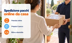 Spedizione pacchi online da casa: una donna consegna il pacco al corriere sulla porta di casa con ritiro a domicilio