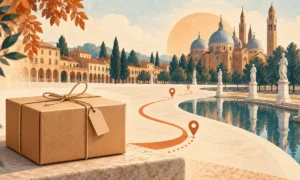 Spedizione pacchi Padova: illustrazione di un pacco con un percorso verso il profilo della città di Padova