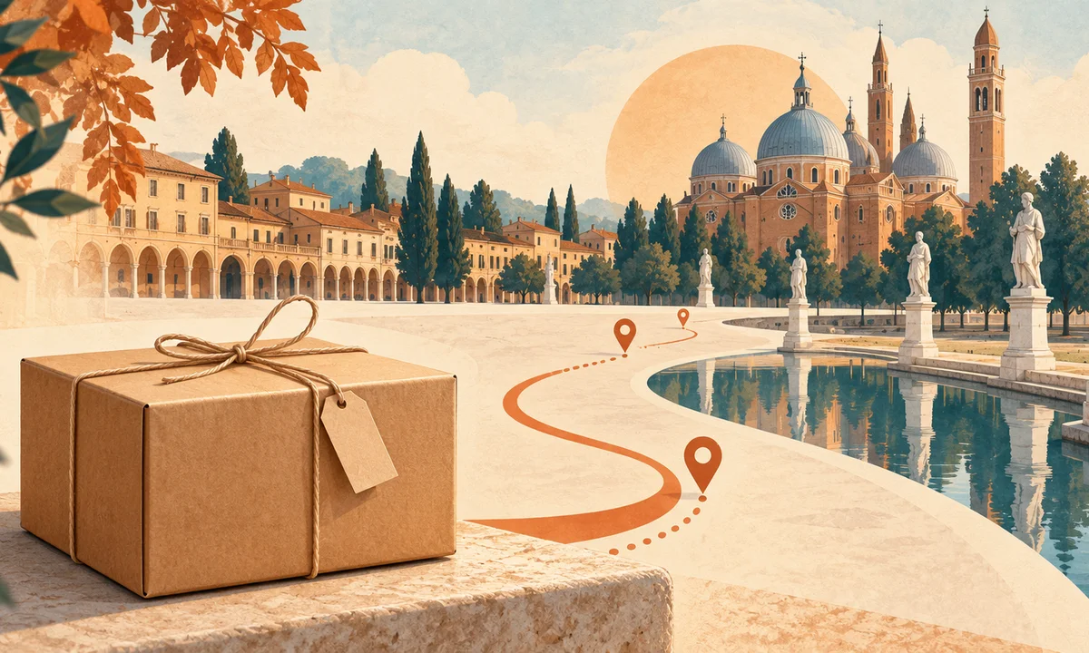 Spedizione pacchi Padova: illustrazione di un pacco con un percorso verso il profilo della città di Padova