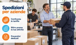 Spedizioni per aziende: il titolare consegna un pacco al corriere nel magazzino della sua attività